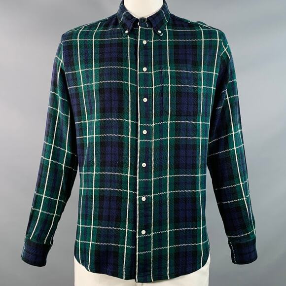 Size XL Green Blue Plaid Cotton Twill Button Down Collar Long Sleeve Shirt - Picture 1 of 5